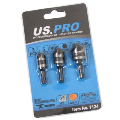 US PRO 3pc Countersink Set 5 Flute 90 Degree Chamfer